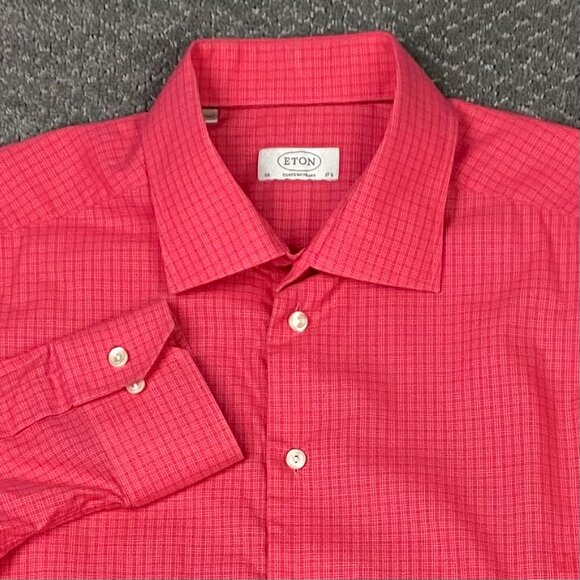 Eton Button Down Shirt Men's 44 17.5 Pink Gingham Check York Cotton - Picture 2 of 12